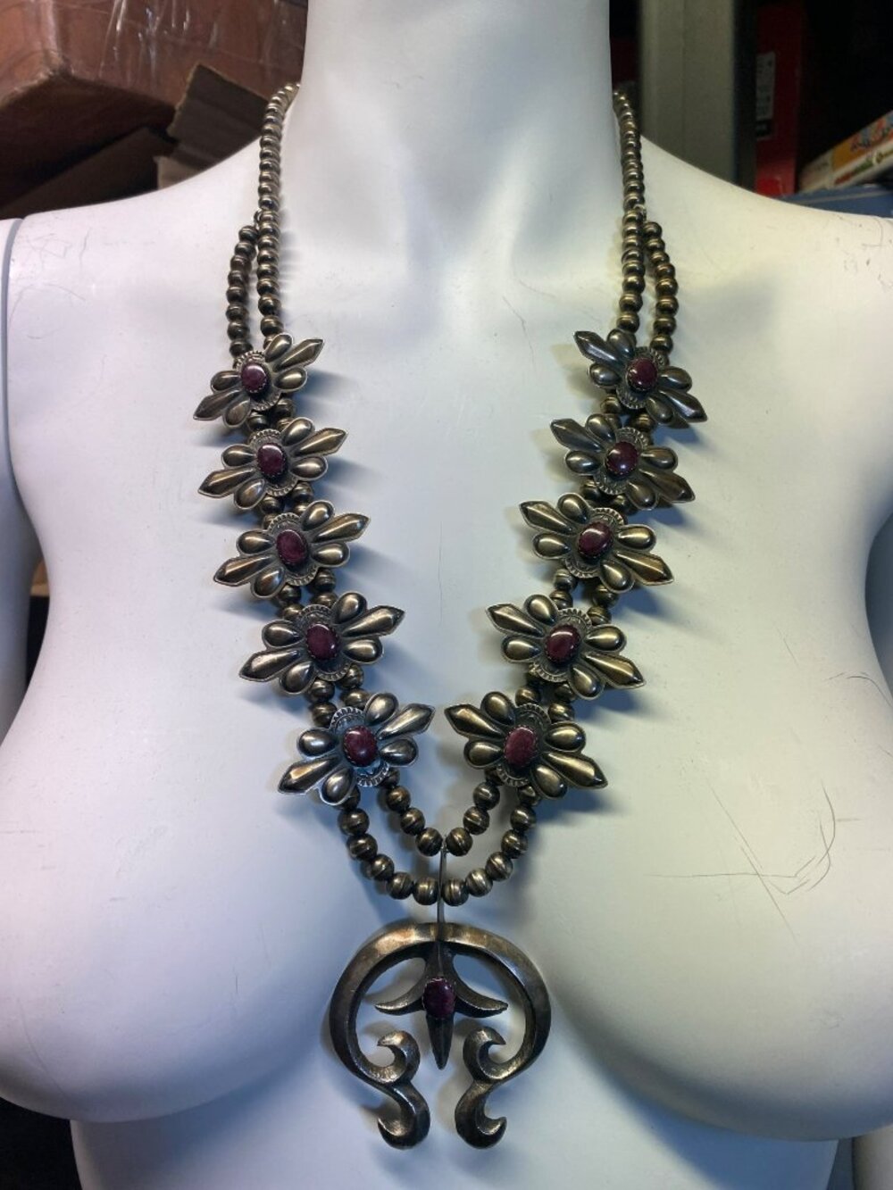 Navajo Squash Blossom Necklace Purple Spiny Oyster Sterling Robert Johnson SIGNE - Picture 11 of 11